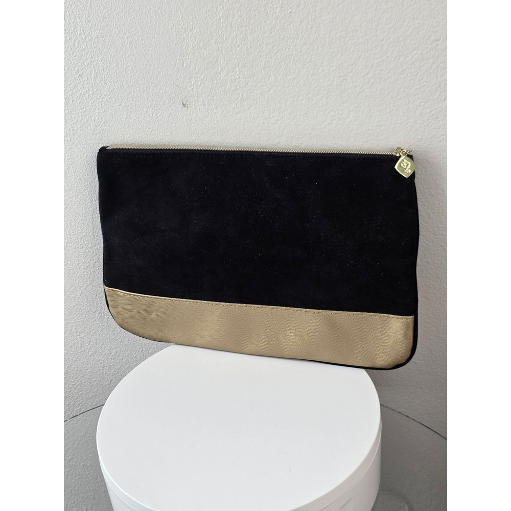 Lancome Paris Black Faux Suede and Gold Metallic Makeup Bag Clutch Zipper Pouch